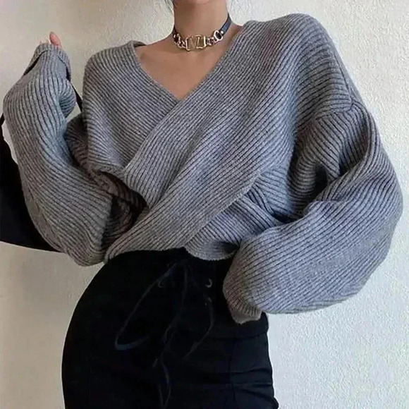 Grey Casual Women's Crossover Wrap Sweater - Picture 3 of 4